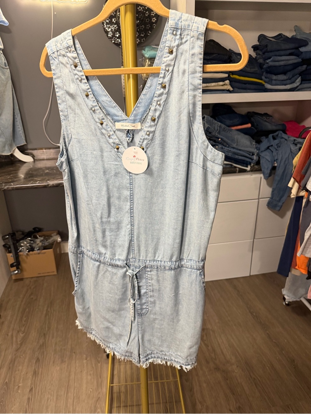 Mustard Seed Light Blue Denim V-Neck Romper with Studs